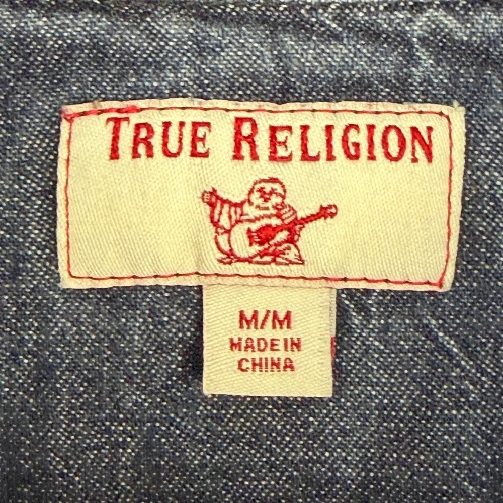 True Religion Western Denim Jean Pearl Snap Shirt Mens M Cotton Blue Great Fade